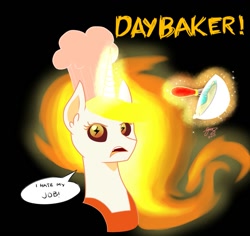 Size: 1095x1032 | Tagged: safe, artist:princesketchy, daybreaker, alicorn, pony, a royal problem, baker, black background, bowl, chef's hat, dialogue, female, hat, looking at you, mane of fire, mare, pun, simple background, solo, speech, speech bubble, wingding eyes