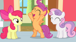 Size: 1280x720 | Tagged: safe, derpibooru import, screencap, apple bloom, scootaloo, sweetie belle, flight to the finish, cutie mark crusaders