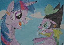 Size: 2935x2072 | Tagged: safe, artist:easterforest92, spike, twilight sparkle, dragon, bandaid, crying, one piece, parody, traditional art