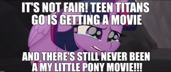 Size: 1920x808 | Tagged: safe, derpibooru import, edit, edited screencap, screencap, twilight sparkle, twilight sparkle (alicorn), alicorn, my little pony: the movie, background pony strikes again, bullshit, critical research failure, crying, hypocritical humor, image macro, meme, nonsense, op doesn't know when to quit, op is a cuck, op isn't even trying anymore, sad, stupidity, teen titans go, wat