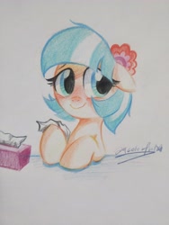 Size: 3456x4608 | Tagged: safe, artist:colorfulcolor233, derpibooru import, coco pommel, earth pony, pony, bust, female, floppy ears, mare, sick, smiling, solo, tissue box, traditional art