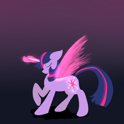 Size: 1250x1250 | Tagged: safe, artist:lunar-march, twilight sparkle, twilight sparkle (alicorn), alicorn, pony, artificial wings, augmented, glowing horn, gradient background, magic, magic wings, raised hoof, solo, wings