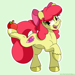 Size: 1500x1500 | Tagged: safe, artist:ramott, apple bloom, apple, cutie mark, food, raised hoof, solo, the cmc's cutie marks, unshorn fetlocks