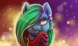 Size: 2700x1600 | Tagged: safe, artist:alina-sherl, oc, oc only, pony, bandana, ear piercing, earring, female, hair over one eye, jewelry, looking at you, mare, mouth hold, piercing, smiling, solo