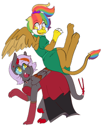 Size: 842x1040 | Tagged: safe, artist:coffeedazes, derpibooru import, oc, oc:fickle fortune, oc:rainbow feather, griffon, clothes, dancing, dracosteed, dress, friends, interspecies offspring, magical lesbian spawn, offspring, parent:funeral dirge, parent:gilda, parent:rainbow dash, parents:gildash, pony prom, prom, simple background, transparent background