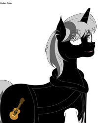 Size: 774x857 | Tagged: safe, artist:asika-aida, oc, oc only, oc:bass, pony, unicorn, clothes, commission, ear piercing, grey hair, looking back, male, piercing, simple background, smiling, solo, stallion, transparent background