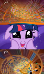 Size: 1920x3240 | Tagged: safe, derpibooru import, edit, edited screencap, screencap, twilight sparkle, cockroach, insect, pony, the crystal empire, book, comic, female, floppy ears, library, mare, oggy and the cockroaches, roach, shelves, solo, that pony sure does love books