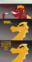 Size: 730x1414 | Tagged: safe, artist:queencold, garble, oc, oc:caldera, dragon, ask, ask caldera, comic, dialogue, disgusted, dragon oc, dragoness, duo, female, mother and child, mother and son, parent and child, teenaged dragon, text, tumblr