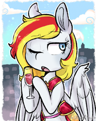 Size: 523x660 | Tagged: safe, artist:urbanqhoul, derpibooru import, oc, oc only, pegasus, pony, alcohol, female, mare, one eye closed, solo, wine