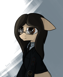 Size: 2800x3417 | Tagged: safe, artist:sinniepony, oc, oc only, pony, abstract background, brown eyes, brown mane, clothes, female, glasses, mare, police, russian, solo, uniform