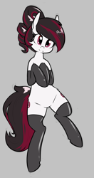 Size: 554x1046 | Tagged: safe, artist:whatsapokemon, derpibooru import, oc, oc only, oc:electra sparks, earth pony, pony, both cutie marks, clothes, female, gray background, latex, latex socks, looking at you, mare, on back, simple background, socks, solo