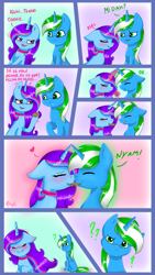 Size: 675x1200 | Tagged: safe, artist:midnight sparcake, derpibooru import, oc, oc only, oc:igames, oc:layla, blushing, comic, cookie, cute, food, love, portuguese, shipping, translated in the comments