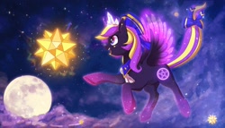 Size: 2403x1378 | Tagged: safe, artist:hosikawa, derpibooru import, oc, oc only, pegasus, pony, bow, female, mare, moon, scenery, solo, space, starry eyes, stars, wingding eyes