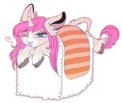 Size: 1500x1265 | Tagged: safe, artist:hagallaz, derpibooru import, oc, oc only, oc:tarot, classical unicorn, pony, unicorn, :p, blue eyes, cloven hooves, curved horn, cute, ear piercing, earring, female, floppy ears, fluffy, food, freckles, heart, jewelry, leonine tail, long mane, long tail, looking at you, mare, palomino, piercing, pink mane, ponies in food, prone, rice, salmon, silly, silly pony, simple background, smiling, solo, sushi, sushi pony, tongue out, transparent background, unshorn fetlocks