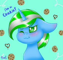 Size: 699x660 | Tagged: safe, artist:pon pon, derpibooru import, oc, oc only, oc:igames, blue background, cookie, cute, food, simple background, solo