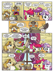 Size: 768x1024 | Tagged: safe, artist:agnesgarbowska, derpibooru import, idw, apple bloom, colter sobchak, jeff letrotski, scootaloo, sweetie belle, earth pony, pony, unicorn, spoiler:comic, spoiler:comicponyvillemysteries2, clothes, cutie mark crusaders, eyes closed, female, filly, glasses, male, open mouth, ponyville mysteries, preview, stallion