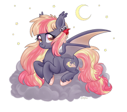 Size: 5100x4500 | Tagged: safe, artist:kaikururu, oc, oc only, oc:sweet dreams, bat pony, pony, absurd resolution, bells, cloud, moon, solo, stars