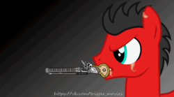 Size: 872x486 | Tagged: safe, artist:trigger_movies, oc, oc only, pony, animated, bullet, flintlock, gif, gift art, gun, handgun, male, mouth hold, solo, stallion, weapon