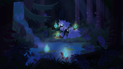 Size: 1280x720 | Tagged: safe, artist:myhandsarecrazy, derpibooru import, oc, oc only, oc:fen fire, unicorn, female, forest, fungus, glowing eyes, lilypad, mare, night, pond, solo, tree, waterfall, will o' the wisp