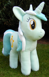 Size: 832x1308 | Tagged: safe, artist:hoppip, derpibooru import, lyra heartstrings, pony, unicorn, female, front view, infamous, irl, lyra plushie, mare, outdoors, photo, plothole plush lyra, plushie, smiling, solo, standing