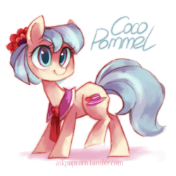 Size: 709x709 | Tagged: safe, artist:askpopcorn, derpibooru import, coco pommel, earth pony, pony, collar, cute, female, flower, flower in hair, mare, necktie, simple background, smiling, solo