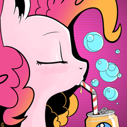 Size: 1024x1024 | Tagged: safe, artist:fritofredrik, derpibooru import, pinkie pie, earth pony, pony, bubble, bust, drinking straw, eyes closed, female, mare, portrait, profile, slurp, soda, solo