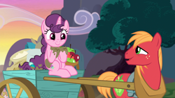 Size: 1920x1080 | Tagged: safe, derpibooru import, screencap, big macintosh, sugar belle, earth pony, pony, unicorn, the break up breakdown, apple, cart, cute, discovery family logo, female, food, male, mare, mud, muddy, shipping, stallion, straight, sugarbetes, sugarmac