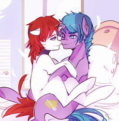 Size: 1898x1927 | Tagged: safe, artist:diana white, oc, oc only, oc:frozen blade, pony, unicorn, about to kiss, bed, bedroom, bedroom eyes, bedsheets, cuddling, duo, looking at each other, male, smiling