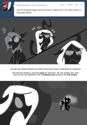 Size: 666x950 | Tagged: safe, artist:egophiliac, nightmare moon, oc, oc only, oc:exuvia, oc:imogen, butterfly, changeling, changeling queen, ask, changeling oc, changeling queen oc, dark woona, evil laugh, female, filly, flashback, lunar stone, monochrome, moonstuck, neo noir, nightmare woon, partial color, tumblr