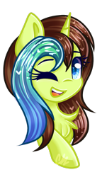 Size: 593x1026 | Tagged: safe, artist:sketchyhowl, oc, oc only, oc:equine palette, pony, unicorn, bust, female, mare, one eye closed, portrait, simple background, solo, transparent background, wink