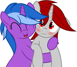 Size: 4000x3491 | Tagged: safe, artist:waveywaves, derpibooru import, oc, oc:aegis moonwalker, oc:waves, unicorn, blushing, crush, duo, female, happy, hug, mare, simple background, transparent background