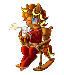 Size: 1621x1889 | Tagged: safe, artist:renokim, oc, oc only, oc:city roast, pony, unicorn, clothes, cup, glasses, male, rocking chair, simple background, solo, stallion, stockings, sweater, transparent background