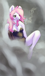 Size: 694x1173 | Tagged: safe, artist:elvche, oc, oc only, anthro, earth pony, unguligrade anthro, commission, female, smoke, solo
