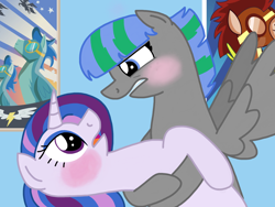 Size: 2048x1536 | Tagged: safe, artist:kindheart525, oc, oc only, oc:radiant jewel, oc:storm strike, pegasus, pony, unicorn, blushing, female, kindverse, lesbian, looking at each other, mare, oc x oc, offspring, offspring shipping, parent:blossomforth, parent:fancypants, parent:rarity, parent:thunderlane, parents:blossomlane, parents:raripants, shipping, story included, wonderbolts poster
