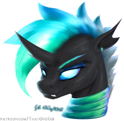 Size: 900x879 | Tagged: safe, artist:thatonegib, derpibooru import, oc, oc:lingwave, changeling, bust, changeling oc, ear piercing, earring, eyelashes, eyeshadow, jewelry, looking at you, makeup, multicolored hair, neck rings, paint tool sai, paint tool sai 2, patreon link, piercing, portrait, signature, simple background, smiling, solo, teeth, transparent background