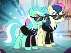 Size: 605x455 | Tagged: safe, derpibooru import, bon bon, lyra heartstrings, sweetie drops, earth pony, pony, unicorn, gameloft, secret agent, secret agent sweetie drops, sunglasses