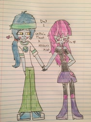 Size: 774x1032 | Tagged: safe, artist:huskyrbtorchick, captain planet, mystery mint, equestria girls, blushing, drawing, female, holding hands, lined paper, looking at each other, male, planetmint, shipping, straight, traditional art