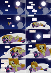 Size: 2564x3620 | Tagged: safe, artist:hakunohamikage, derpibooru import, adagio dazzle, twilight sparkle, twilight sparkle (alicorn), alicorn, pony, adagilight, ask-princesssparkle, blushing, female, flying, high res, kissing, lesbian, moon, night, ponified, ponyville, scrunchy face, shipping