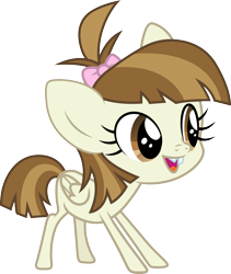 Size: 3000x3562 | Tagged: safe, artist:cloudyglow, derpibooru import, featherweight, pegasus, pony, bow, cute, featherbetes, female, filly, foal, hair bow, open mouth, rule 63, rule63betes, simple background, smiling, solo, transparent background