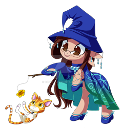 Size: 1024x1067 | Tagged: safe, artist:centchi, derpibooru import, oc, oc:wizdiana, cat, pony, clothes, dress, hat, magic wand, shoes, simple background, solo, transparent background, watermark, witch hat