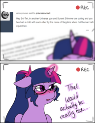 Size: 500x647 | Tagged: safe, artist:nichroniclesvsart, derpibooru import, sci-twi, twilight sparkle, twilight sparkle (alicorn), alicorn, pony, series:princess sciset, series:sciset diary, equestria girls, blushing, camera shot, equestria girls ponified, glowing horn, implied lesbian, implied scitwishimmer, implied shipping, implied sparkling sapphire, ponified, recording, scitwilicorn