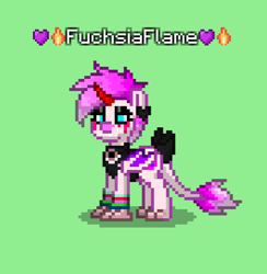Size: 528x542 | Tagged: safe, derpibooru import, oc, oc:fuchsia flame, goo, pony, character, claws, coat markings, cropped, dragon hybrid, dragon wings, dragongriff, ear piercing, earring, fangs, fire, game screencap, goo coming out of eyes, goth, hippogriff hybrid, horn, jewelry, long tail, makeup, piercing, pink fur, pony town, red horn, wristband