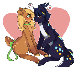 Size: 3558x3096 | Tagged: safe, artist:hiimrushing, derpibooru import, oc, oc only, oc:azurite, oc:olive branch, deer pony, dracony, hybrid, original species, bow, commission, couple, female, food, gift art, heart, imminent kissing, male, oc x oc, olite, pocky, shipping, straight, tail bow, thought bubble, ych result