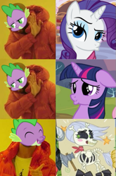 Size: 383x579 | Tagged: safe, derpibooru import, edited screencap, screencap, rarity, skellinore, spike, twilight sparkle, dragon, pony, skeleton pony, unicorn, the break up breakdown, bone, comic, dragon bones, drake, duckface, female, hotline bling, male, meme, screencap comic, shipping, skeleton, straight