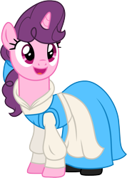 Size: 1001x1408 | Tagged: safe, artist:cloudyglow, sugar belle, pony, unicorn, beauty and the beast, belle, clothes, clothes swap, cosplay, costume, disney, female, mare, namesake, pun, simple background, solo, transparent background, vector, visual pun