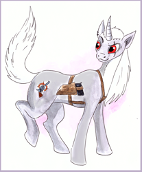 Size: 600x723 | Tagged: safe, artist:veda, derpibooru import, oc, oc only, pony, unicorn, furryguys, gun, ponified, scar, simple background, solo, traditional art, watercolor painting, weapon