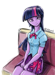 Size: 1500x2039 | Tagged: safe, artist:oberon826, derpibooru import, twilight sparkle, equestria girls, clothes, cute, cutie mark on clothes, female, looking at you, pleated skirt, skirt, solo