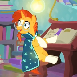 Size: 541x540 | Tagged: safe, derpibooru import, screencap, sunburst, pony, unicorn, the parent map, book, clothes, cropped, cute, glasses, male, robe, smiling, solo, stallion, sunbetes, sunburst's glasses, sunburst's robe