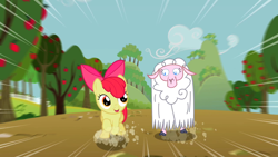 Size: 1280x720 | Tagged: safe, derpibooru import, screencap, apple bloom, earth pony, pony, sheep, sisterhooves social, apple tree, cloven hooves, duo, female, filly, running, speed lines, tree