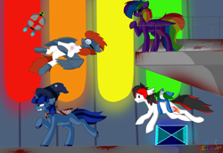 Size: 1024x706 | Tagged: safe, artist:spectrasus, derpibooru import, oc, oc:igames, oc:tiorafa, pegasus, pony, unicorn, fanfic:rainbow factory, blood, fabric, running, spectra